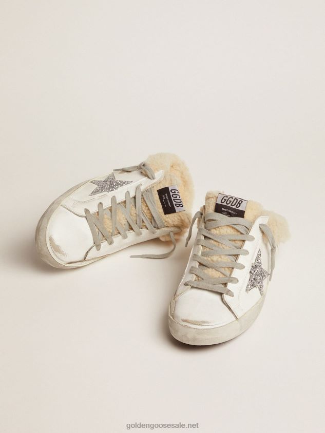 Super-Star Sabots in white leather with silver glitter star and shearling lining FN20N117 Women Golden Goose