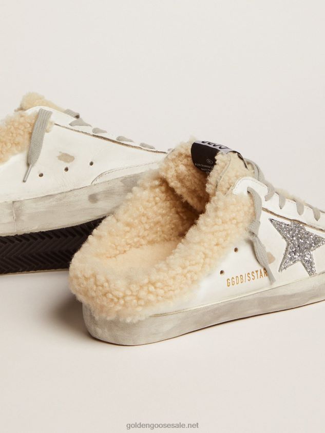 Super-Star Sabots in white leather with silver glitter star and shearling lining FN20N117 Women Golden Goose