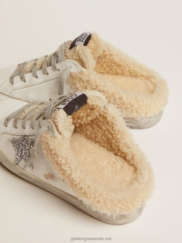 Super-Star Sabots in white leather with silver glitter star and shearling lining FN20N117 Women Golden Goose