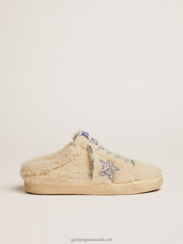 Super-Star Sabots in white shearling with glitter star FN20N67 Women Golden Goose