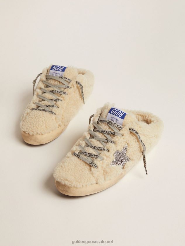 Super-Star Sabots in white shearling with glitter star FN20N67 Women Golden Goose