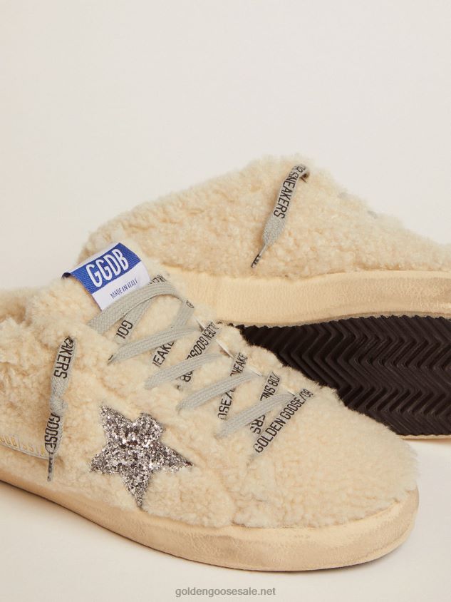 Super-Star Sabots in white shearling with glitter star FN20N67 Women Golden Goose