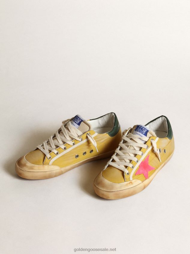 Super-Star Penstar sneakers in mustard-colored nylon with fluorescent lobster-colored suede star FN20N31 Women Golden Goose