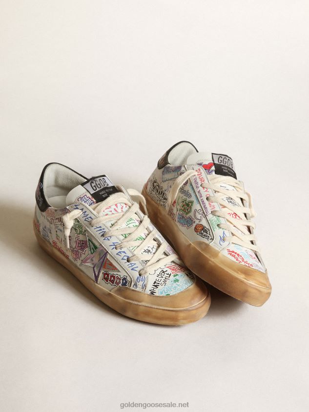 Super-Star Penstar sneakers in white leather with all-over multicolored lettering FN20N41 Women Golden Goose
