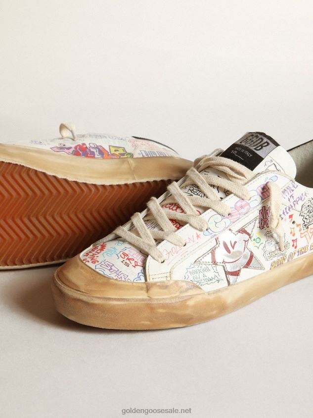 Super-Star Penstar sneakers in white leather with all-over multicolored lettering FN20N41 Women Golden Goose