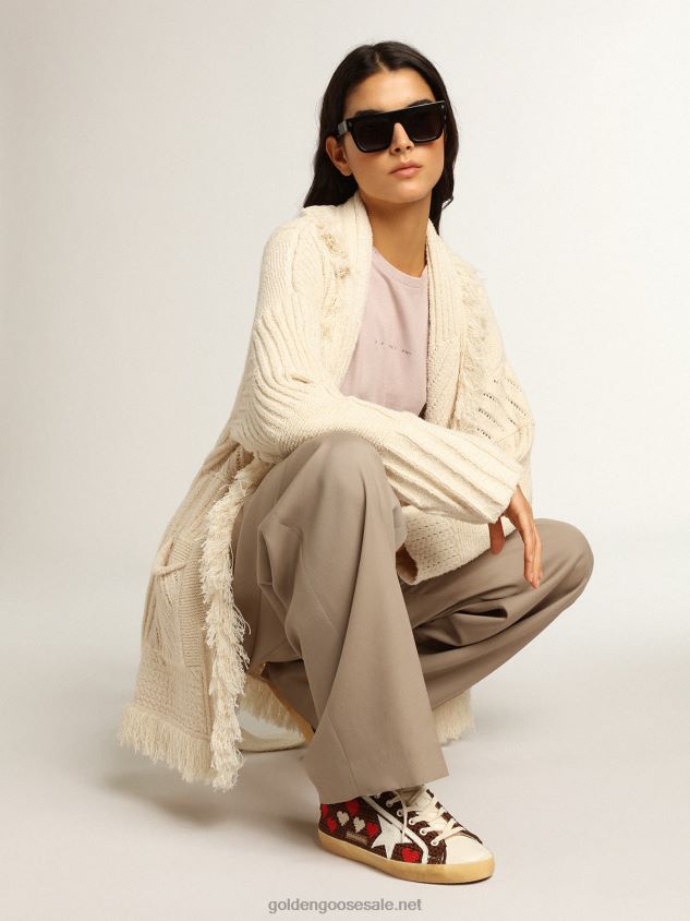 Super-Star in brown crochet with embroidered hearts and white star FN20N167 Women Golden Goose