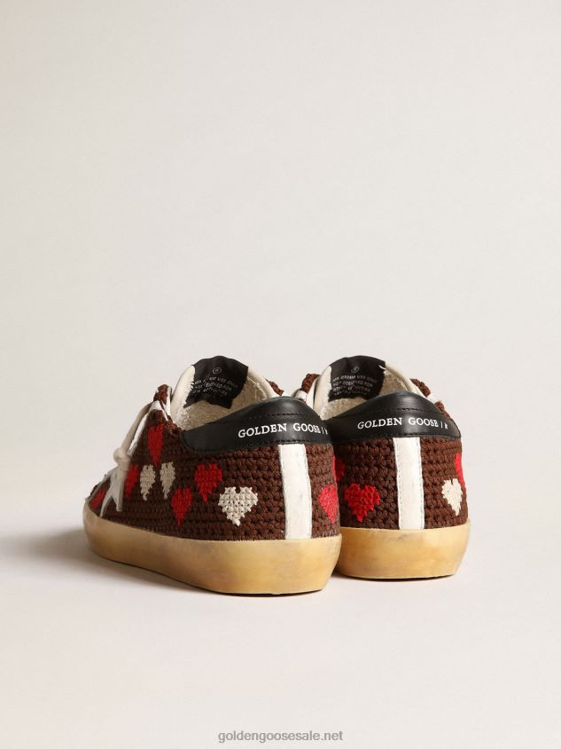 Super-Star in brown crochet with embroidered hearts and white star FN20N167 Women Golden Goose