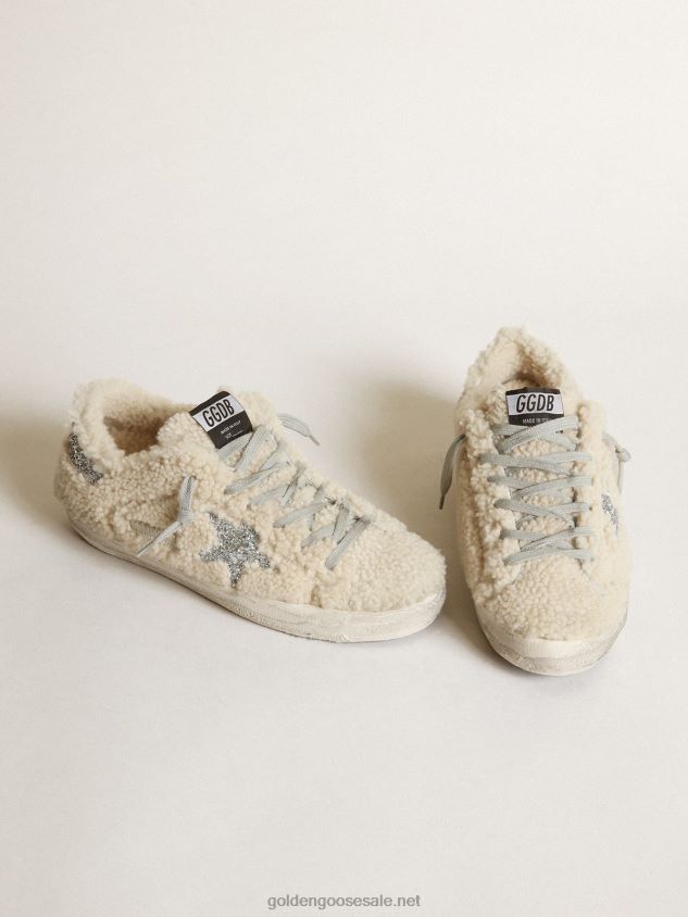 Super-Star sneakers in beige shearling with silver glitter star and heel tab FN20N246 Women Golden Goose