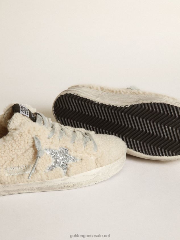 Super-Star sneakers in beige shearling with silver glitter star and heel tab FN20N246 Women Golden Goose