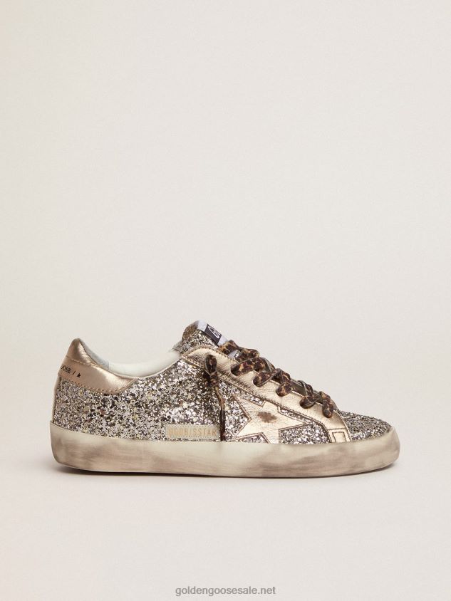 Super-Star sneakers in platinum-colored glitter with star and heel tab in tone-on-tone laminated leather FN20N286 Women Golden Goose