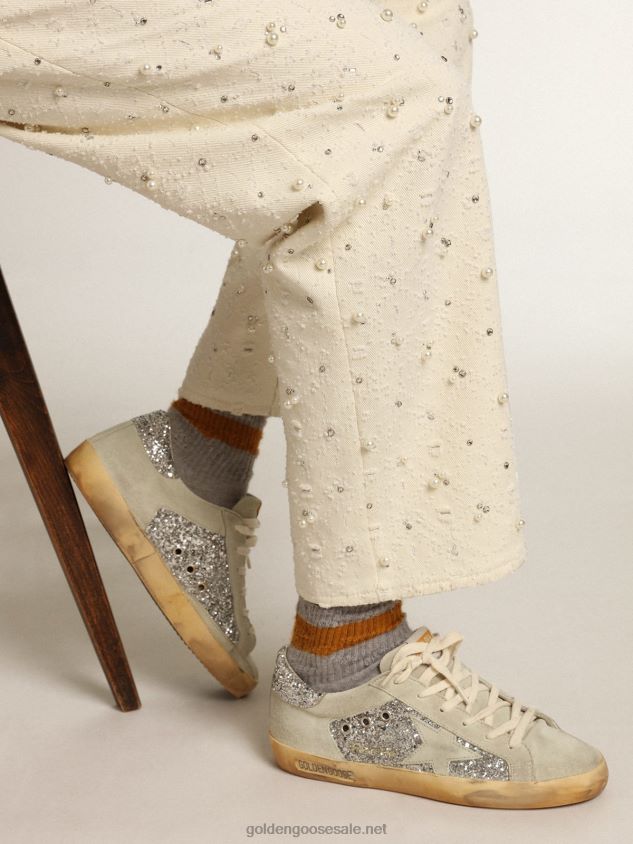 Super-Star sneakers in silver glitter with ice-gray suede star and inserts FN20N12 Women Golden Goose