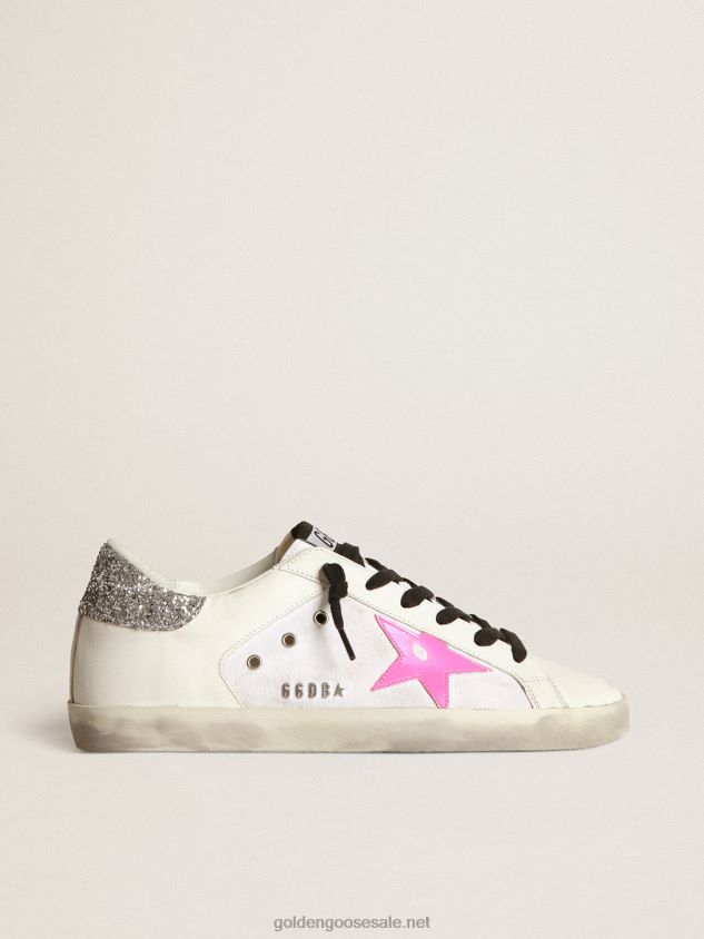 Super-Star sneakers in white leather and canvas with shocking-pink leather star FN20N66 Women Golden Goose