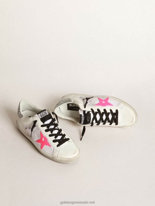 Super-Star sneakers in white leather and canvas with shocking-pink leather star FN20N66 Women Golden Goose