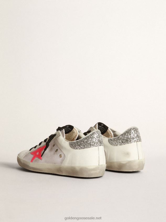 Super-Star sneakers in white leather and canvas with shocking-pink leather star FN20N66 Women Golden Goose