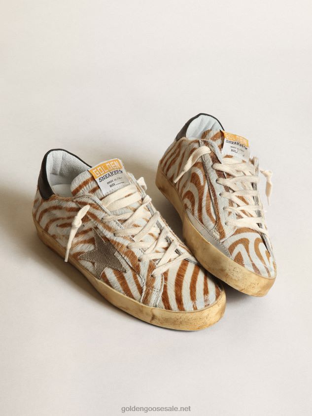 Super-Star sneakers in zebra-print pony skin with dove-gray suede star FN20N243 Women Golden Goose