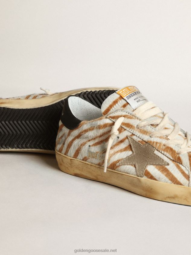 Super-Star sneakers in zebra-print pony skin with dove-gray suede star FN20N243 Women Golden Goose