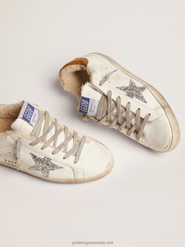 Super-Star sneakers with shearling lining silver glitter star and lizard-print dove-gray leather heel tab FN20N86 Women Golden Goose