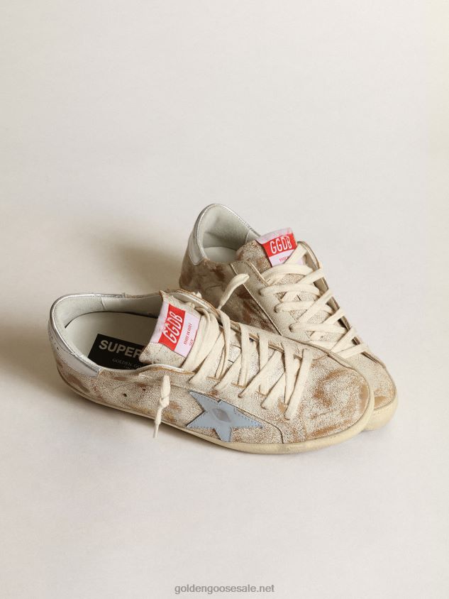 Super-Star sneakers with smoky light-blue leather star and silver metallic leather heel tab FN20N50 Women Golden Goose