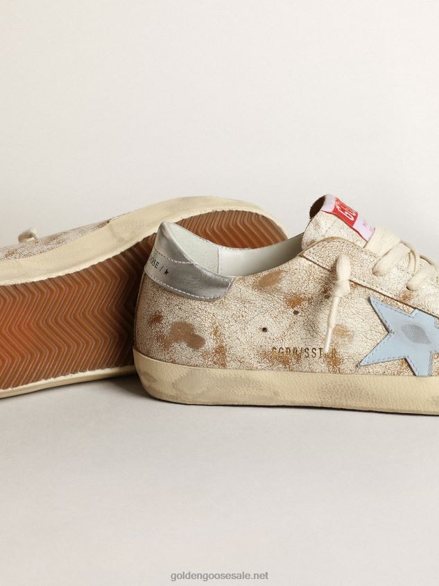 Super-Star sneakers with smoky light-blue leather star and silver metallic leather heel tab FN20N50 Women Golden Goose
