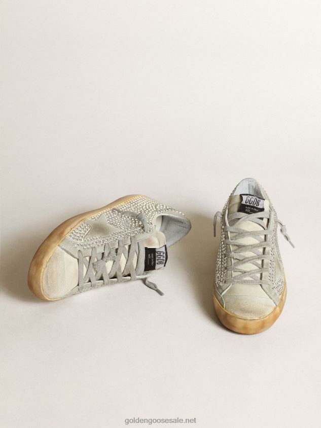 Super-star sneakers in off-white nubuck and silver Swarovski crystals with ice-gray suede star FN20N53 Women Golden Goose