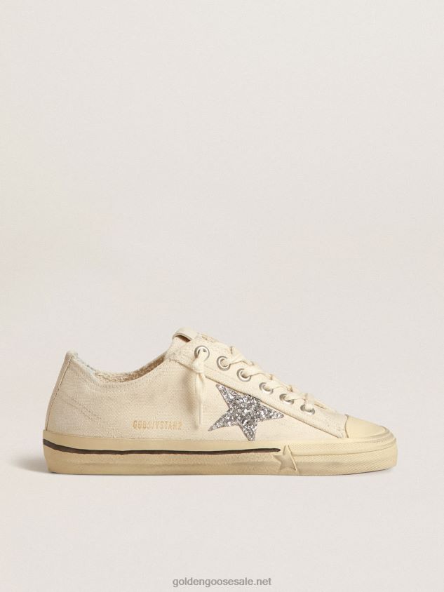 V-Star in beige canvas with a silver glitter star FN20N157 Women Golden Goose