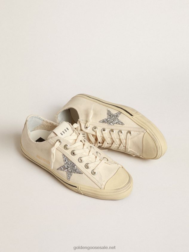V-Star in beige canvas with a silver glitter star FN20N157 Women Golden Goose