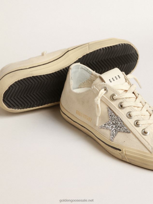 V-Star in beige canvas with a silver glitter star FN20N157 Women Golden Goose